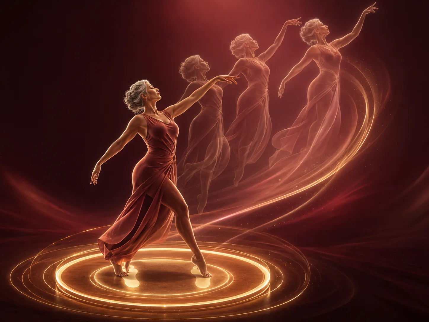 Mulher madura executando um movimento em uma sequência de dança